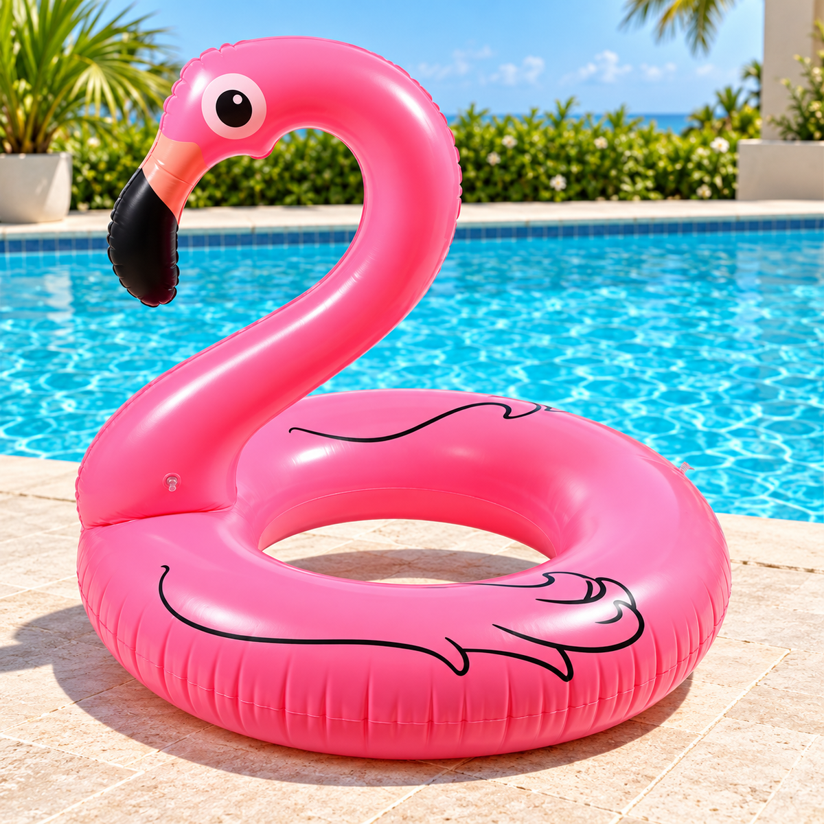 RIO+ pink inflatable flamingo pool float beside a pool