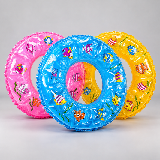 Three colorful RIO+ inflatable swim rings on studio background