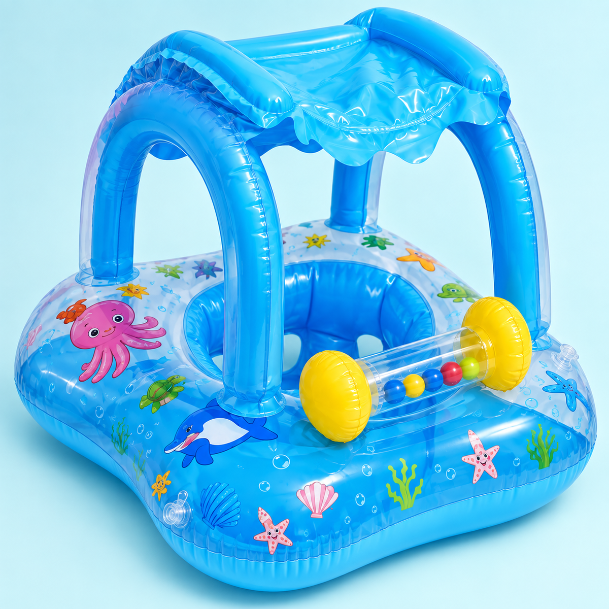 Detail of RIO+ baby pool float seat canopy and play bar