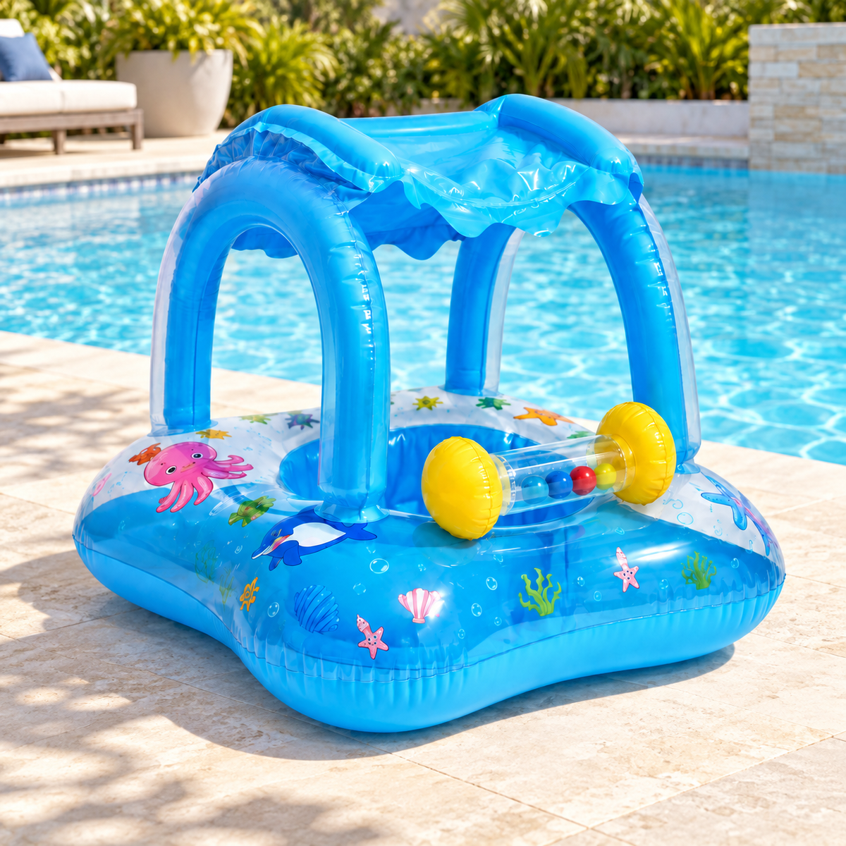 Blue RIO+ baby pool float with canopy beside a pool