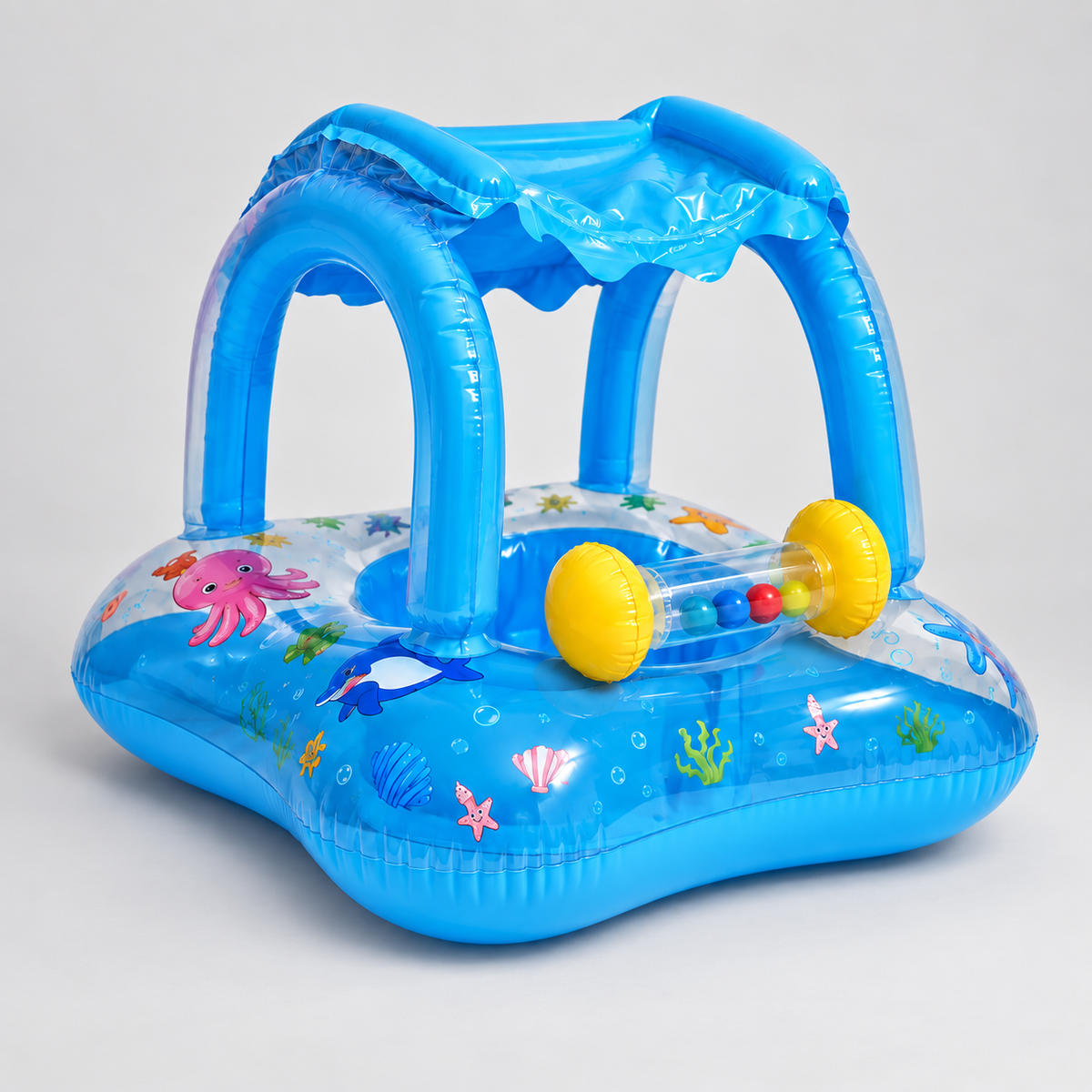 Blue RIO+ baby pool float with canopy on studio background