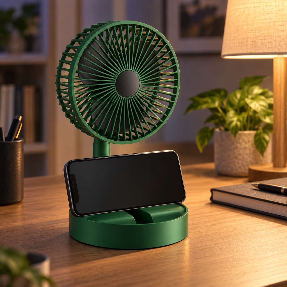 RIO+ desk fan with phone holder on an evening study desk
