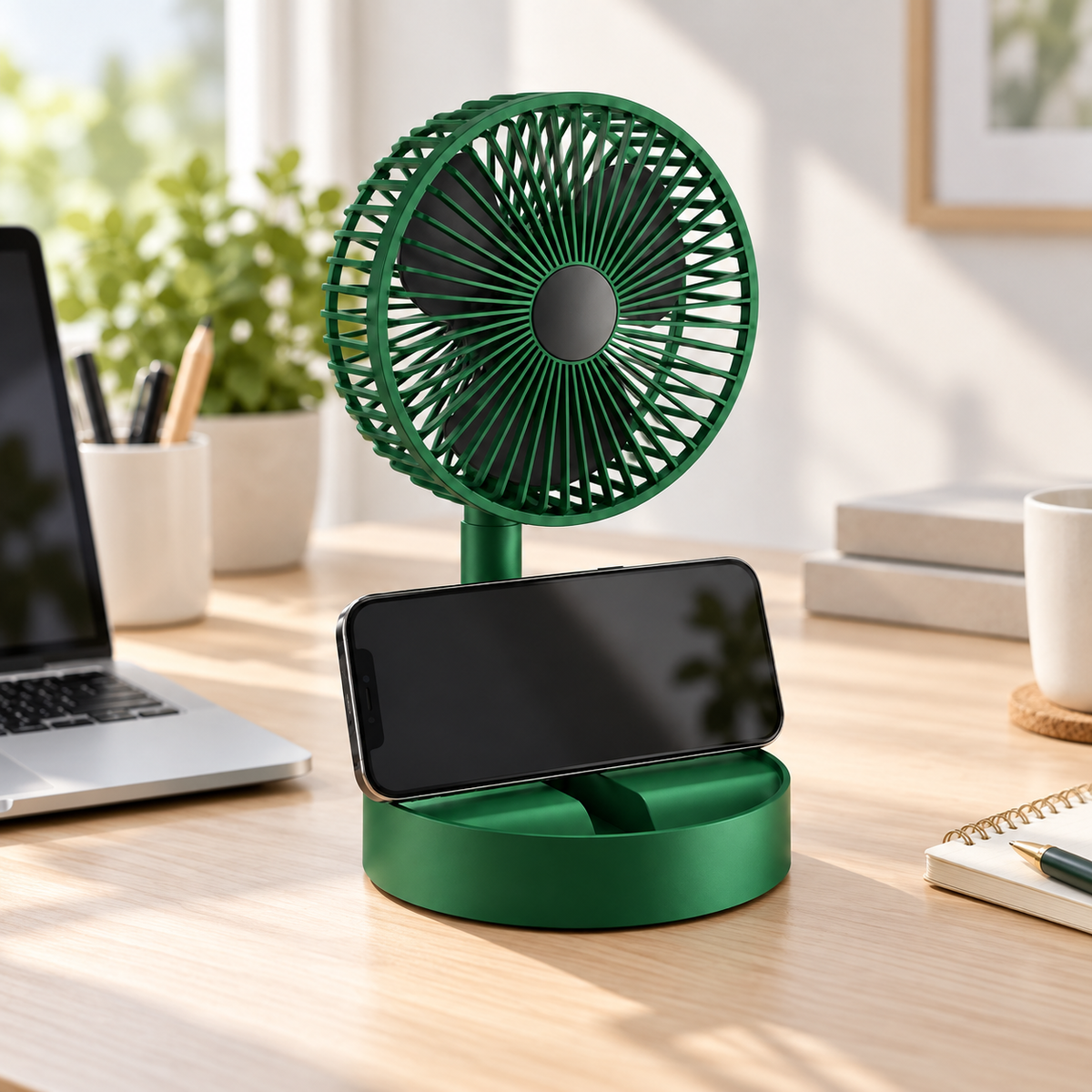 RIO+ green desk fan with phone holder in a home office
