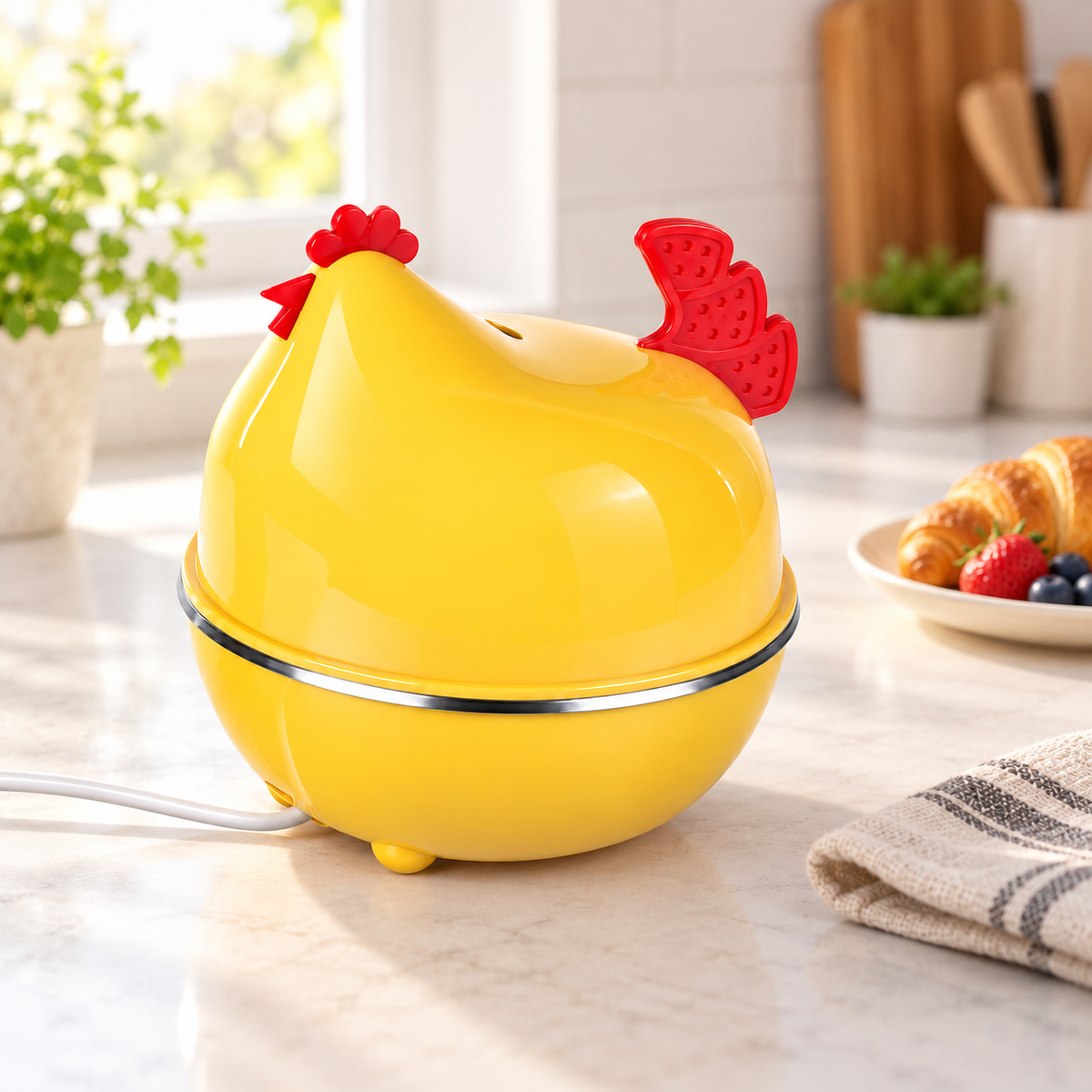 RIO+ chicken egg cooker in a bright breakfast kitchen