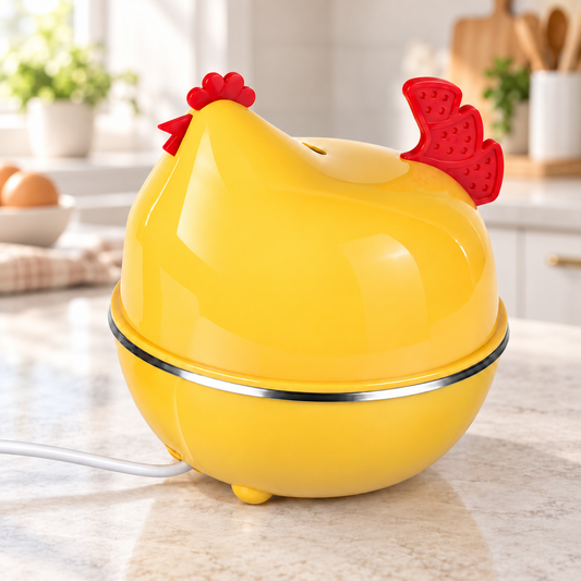 RIO+ yellow chicken egg cooker on a bright kitchen counter