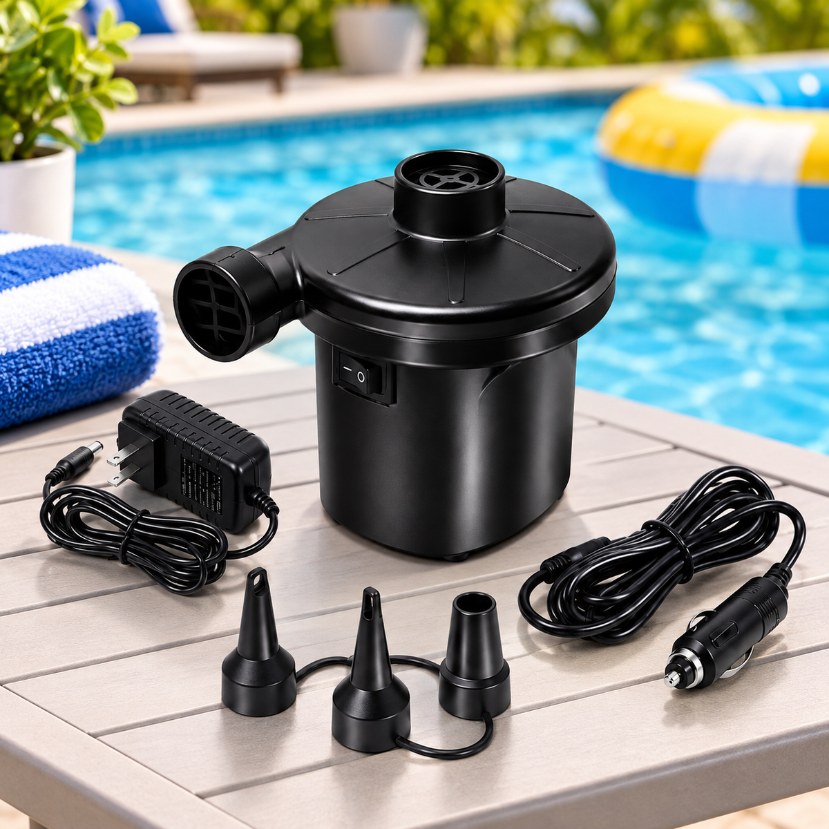 RIO+ electric air pump kit beside a swimming pool