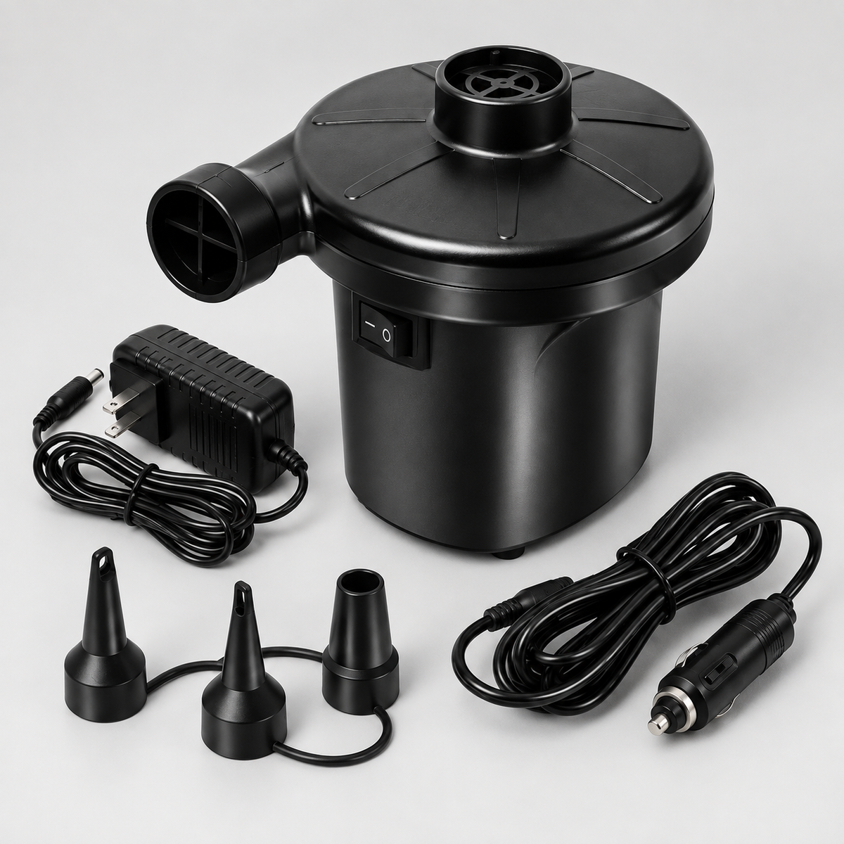 RIO+ electric air pump with power cables and three nozzles