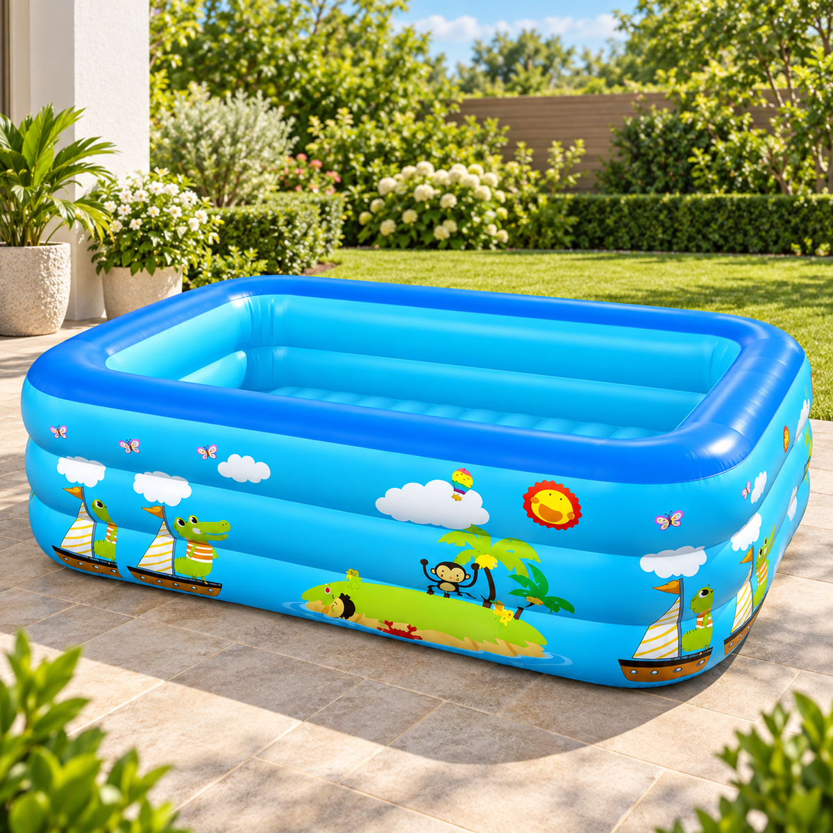RIO+ 150 cm rectangular inflatable pool in a garden