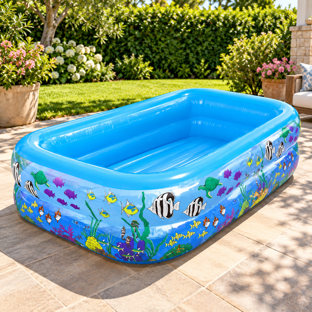 RIO+ 262 cm two-ring rectangular family pool in a garden