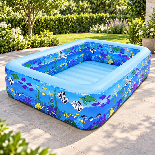 RIO+ 305 cm rectangular inflatable family pool in a garden
