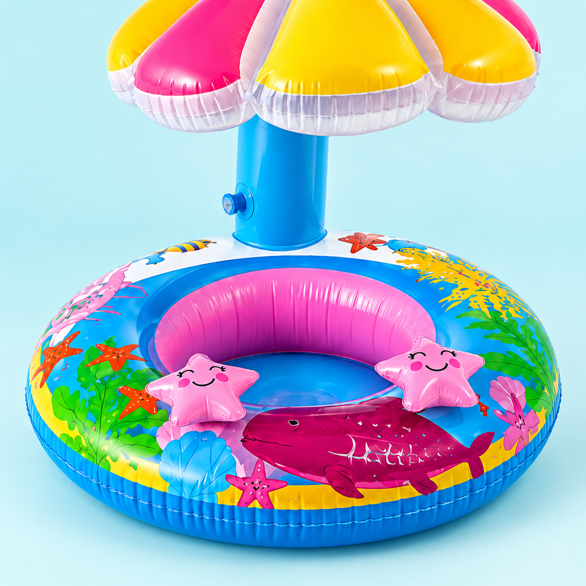 Detail of RIO+ kids inflatable pool float seat and umbrella