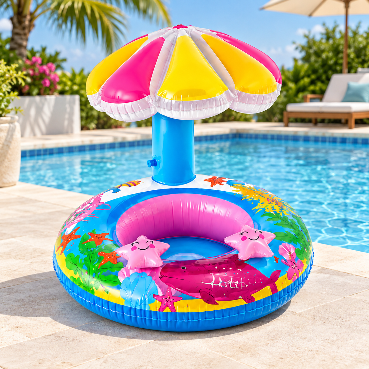 RIO+ kids inflatable pool float with umbrella beside a pool