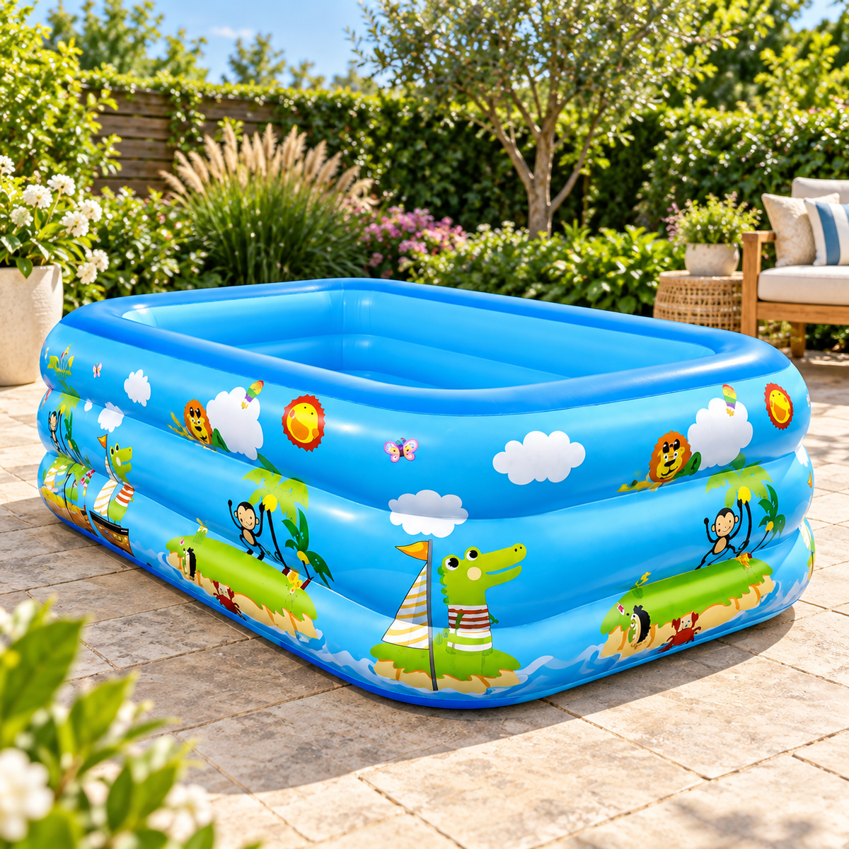 RIO+ blue rectangular inflatable kids pool in a sunny garden