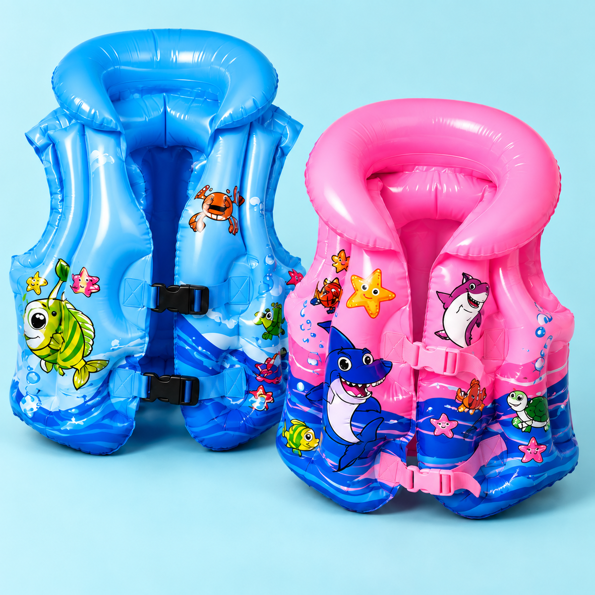 Detail view of RIO+ inflatable kids swim vest buckles and marine print