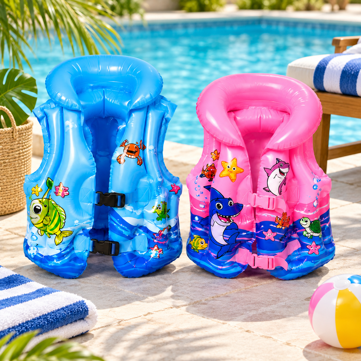 Blue and pink RIO+ inflatable kids swim vests in a poolside setting