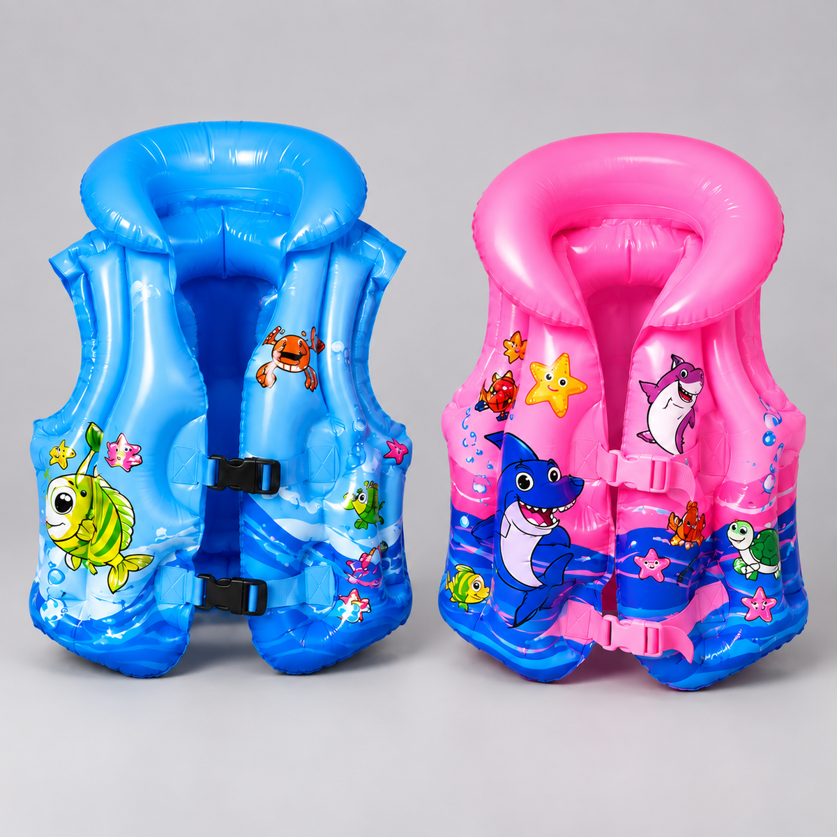 Blue and pink RIO+ inflatable kids swim vests on studio background
