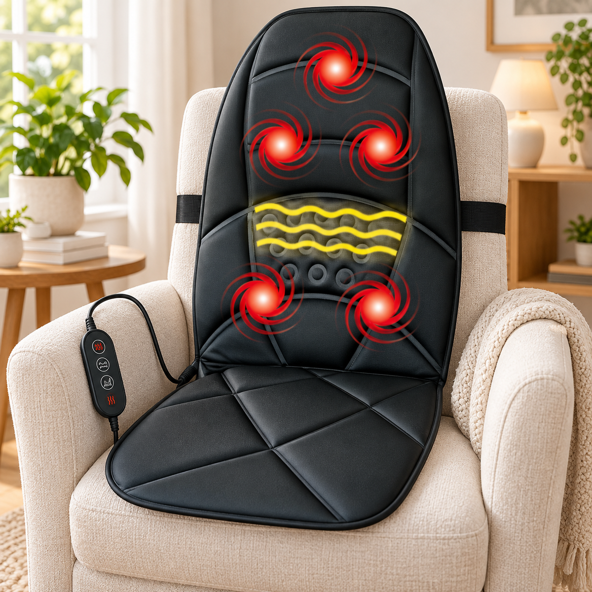 RIO+ black massage seat cushion on a home chair