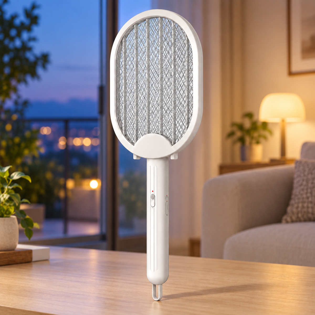 RIO+ white rechargeable mosquito swatter in a modern living room