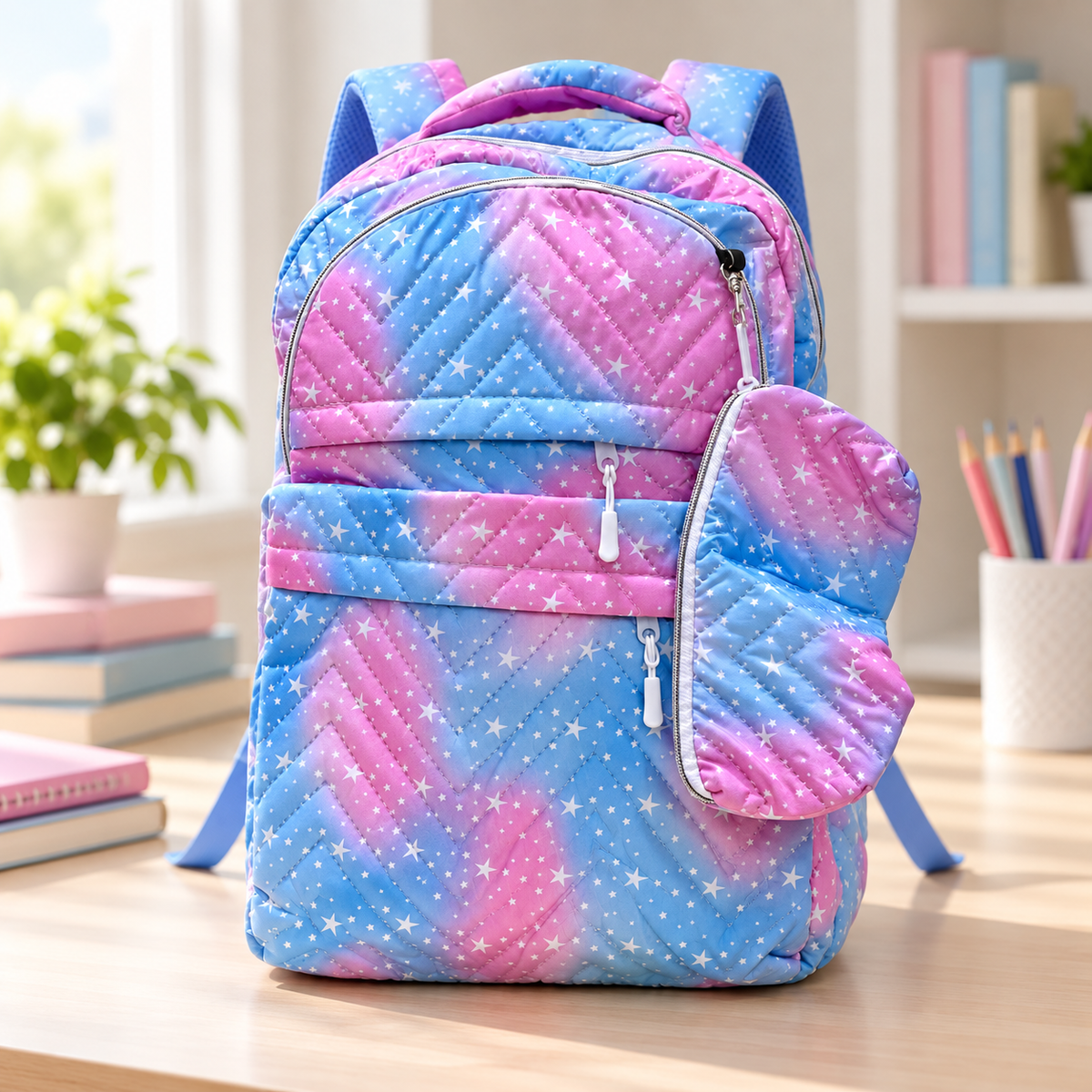 RIO+ blue and pink star-pattern school backpack