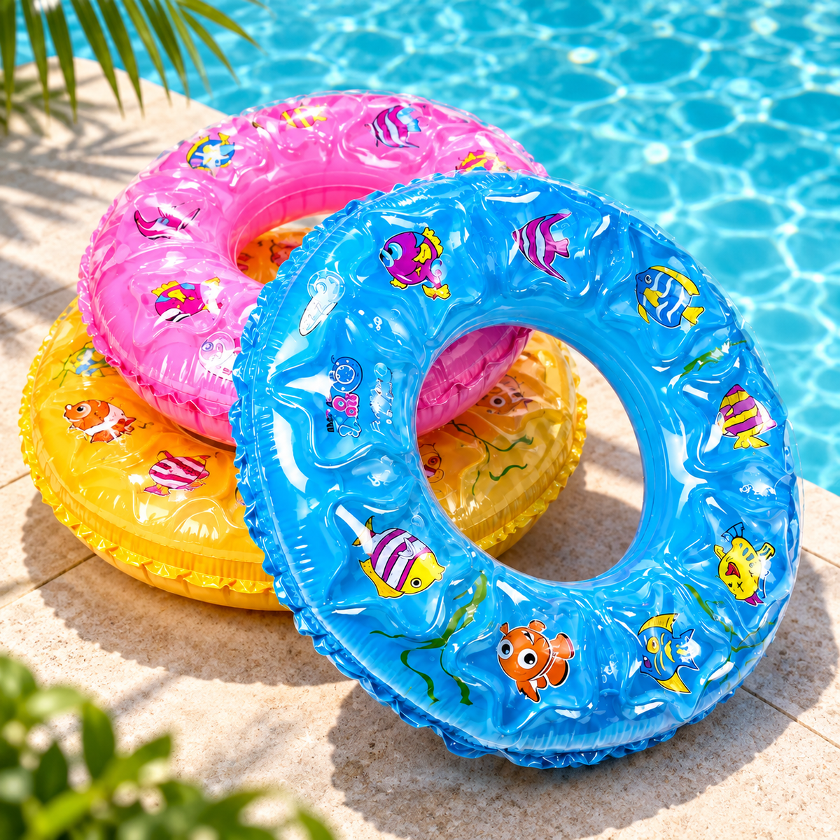 Blue pink and yellow RIO+ inflatable swim rings beside a pool