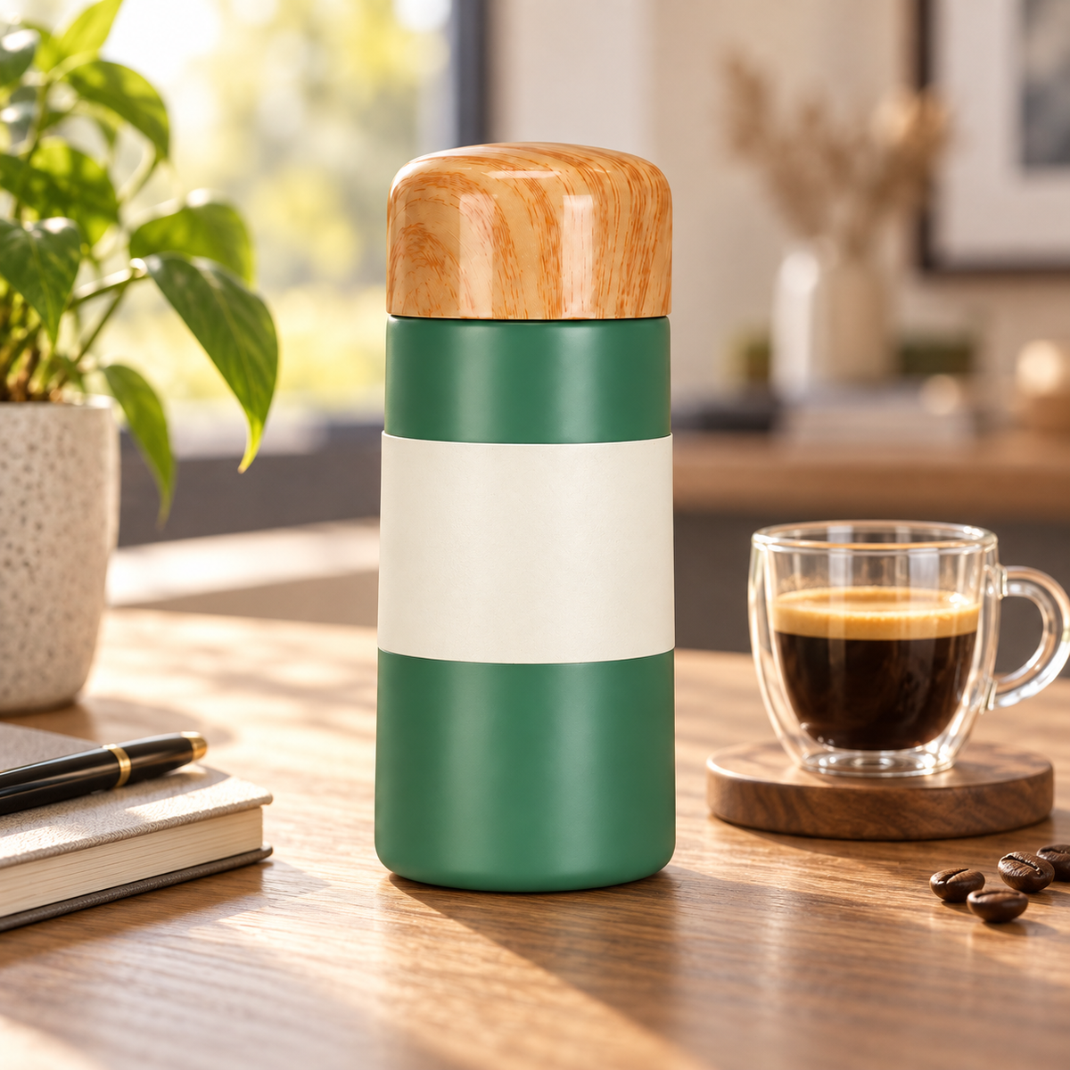 RIO+ compact 150 ml vacuum bottle on a coffee desk